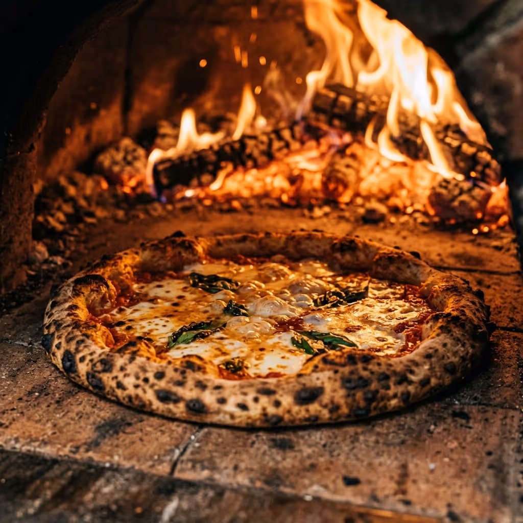 Pizza cuisant au four à bois